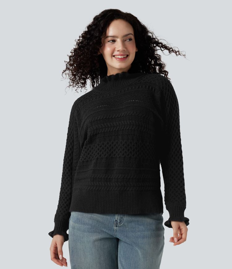 Ikdienas džemperis ar volāniem, augstu apkakli, garām piedurknēm un izgriezumu