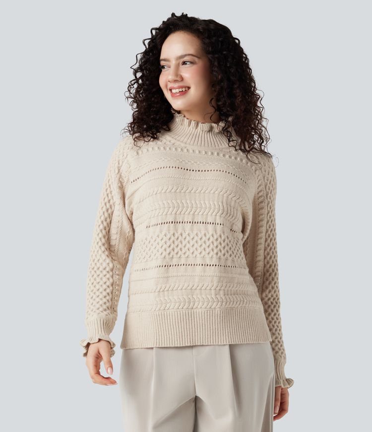 Ruffle Mock Neck Long Sleeve Cut Out Casual Sweater