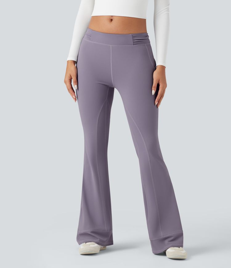 Low Rise Ruched Split Casual Flare Pants with Pockets