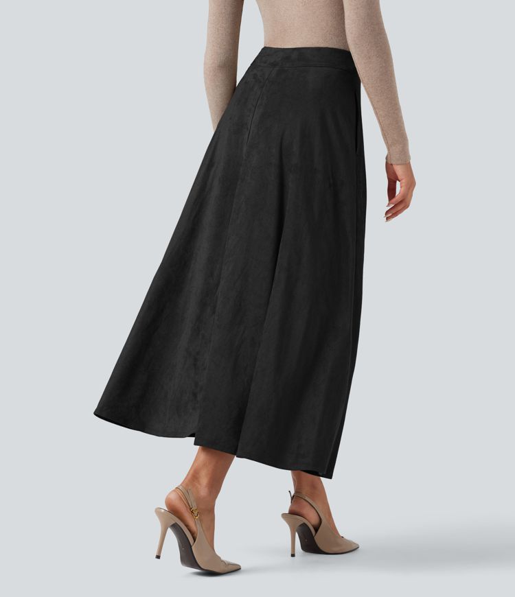 High Waisted Suede Midi Casual Flare Skirt with Pockets