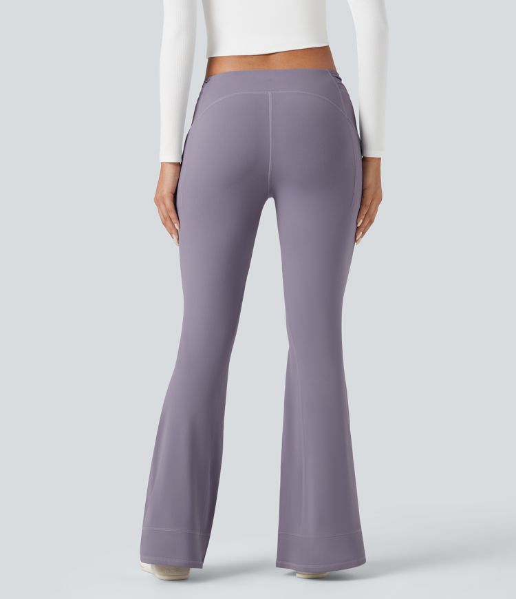 Low Rise Ruched Split Casual Flare Pants with Pockets