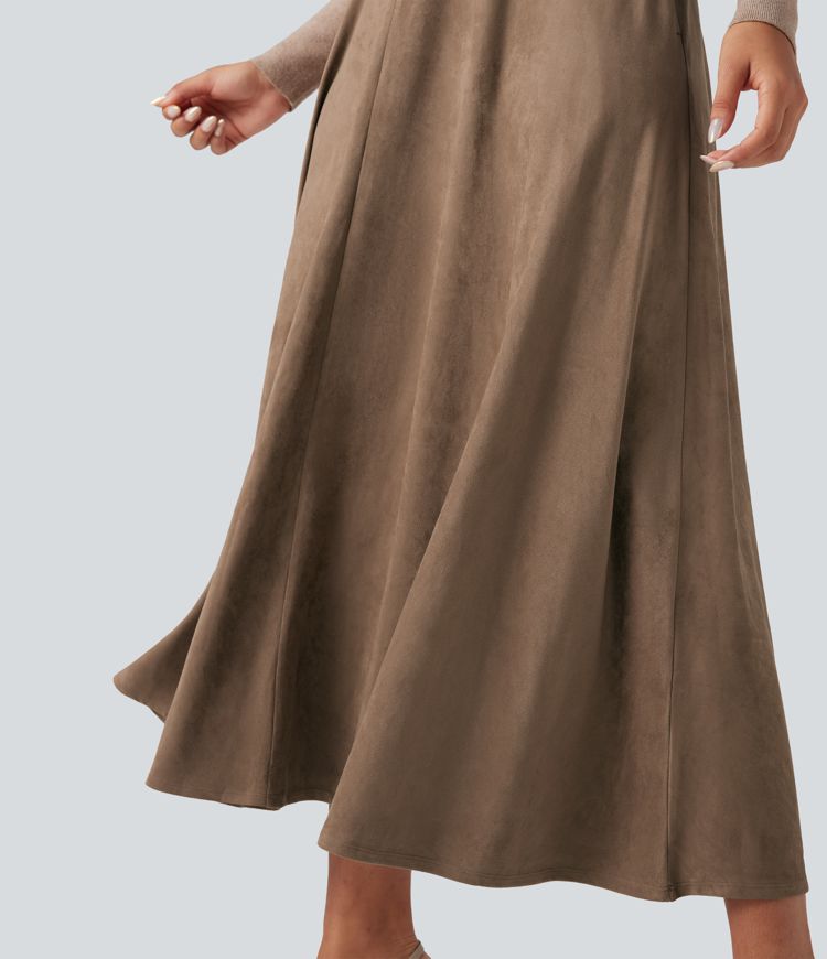 Jupe mi-longue évasée daim taille haute avec poches