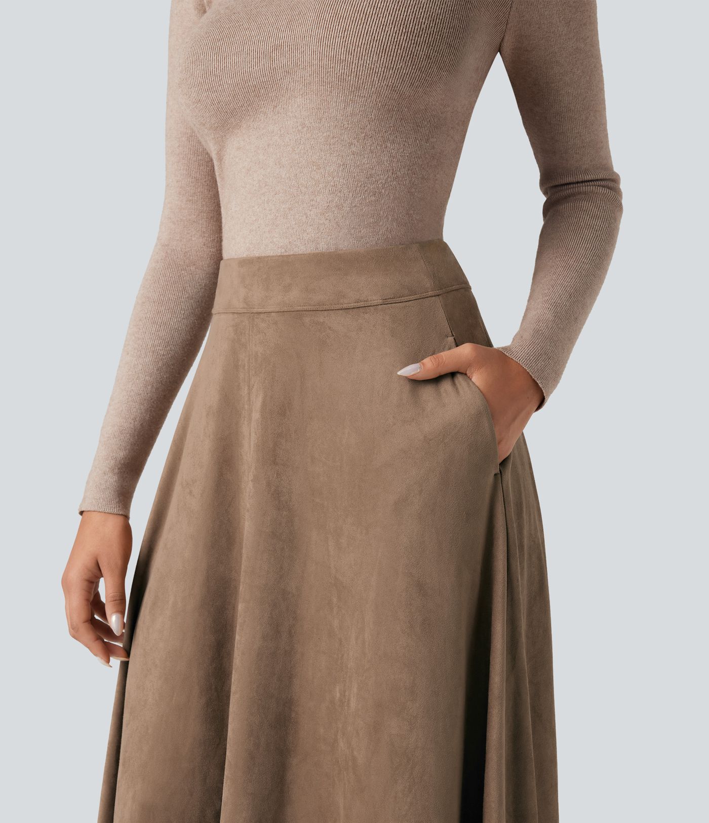 Lässiger ausgestellter Midirock aus Wildleder mit hoher Taille und Taschen