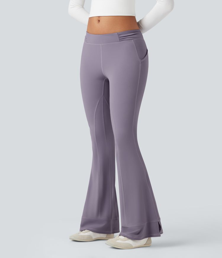 Low Rise Ruched Split Casual Flare Pants with Pockets