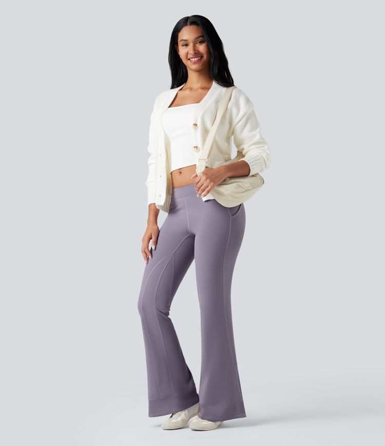 Low Rise Ruched Split Casual Flare Pants with Pockets