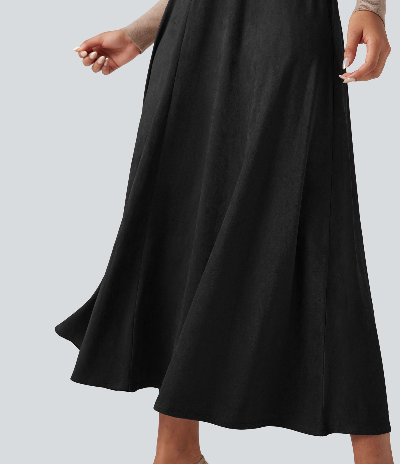 High Waisted Suede Midi Casual Flare Skirt with Pockets