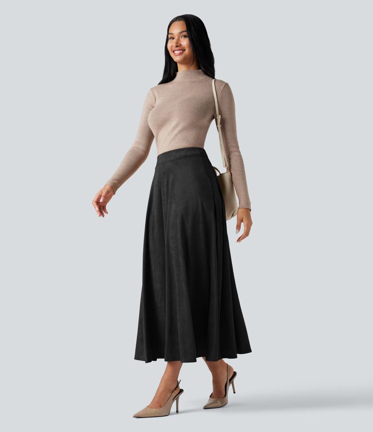 High Waisted Suede Midi Casual Flare Skirt with Pockets