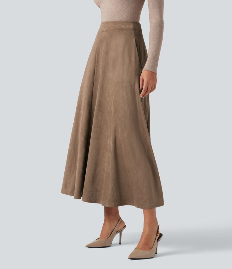 Jupe mi-longue évasée daim taille haute avec poches