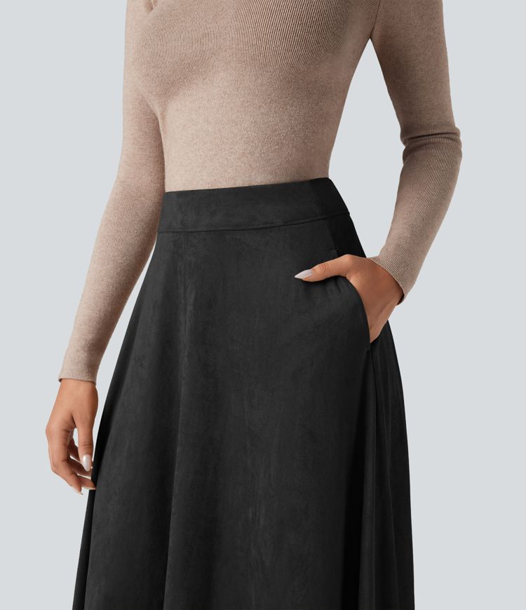 High Waisted Suede Midi Casual Flare Skirt with Pockets