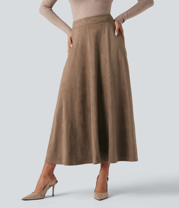 Jupe mi-longue évasée daim taille haute avec poches