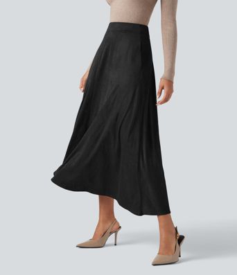 High Waisted Suede Midi Casual Flare Skirt with Pockets