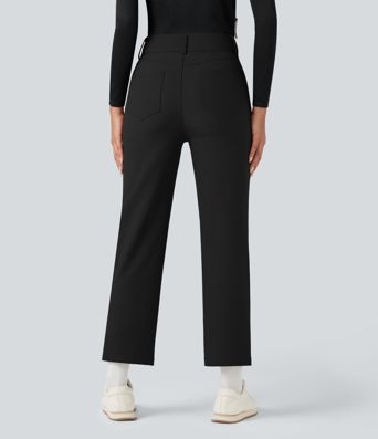 Durable Water Repellent Thermal High-waisted Hiking 7/8 Straight-leg Pants with Pockets