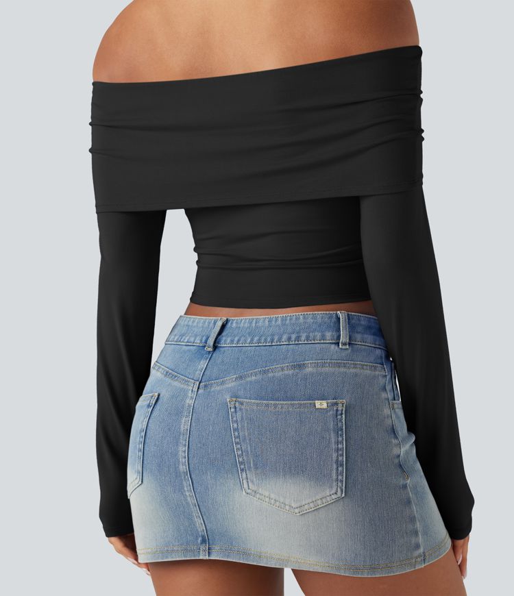 Top à épaule dénudée, manches longues, coupe ultra-ajustée, style décontracté
