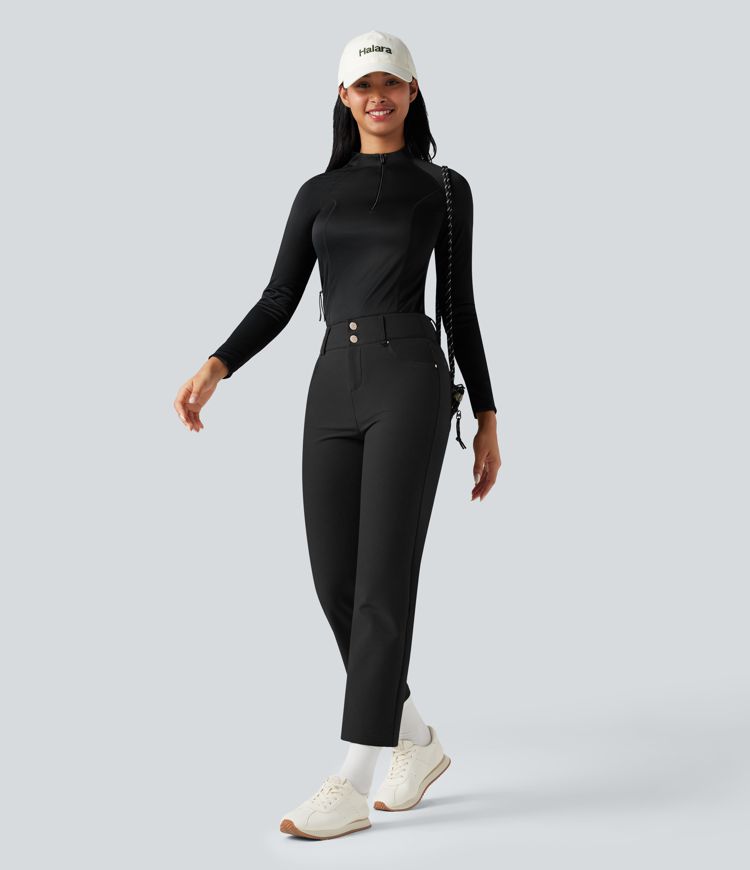 Durable Water Repellent Thermal High-waisted Hiking 7/8 Straight-leg Pants with Pockets