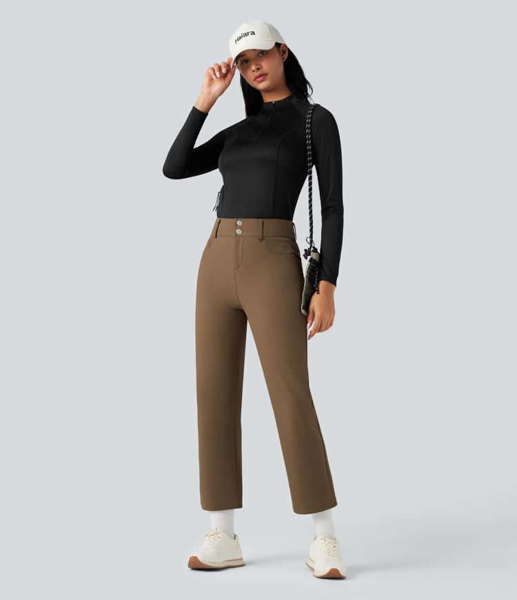 Durable Water Repellent Thermal High-waisted Hiking 7/8 Straight-leg Pants with Pockets