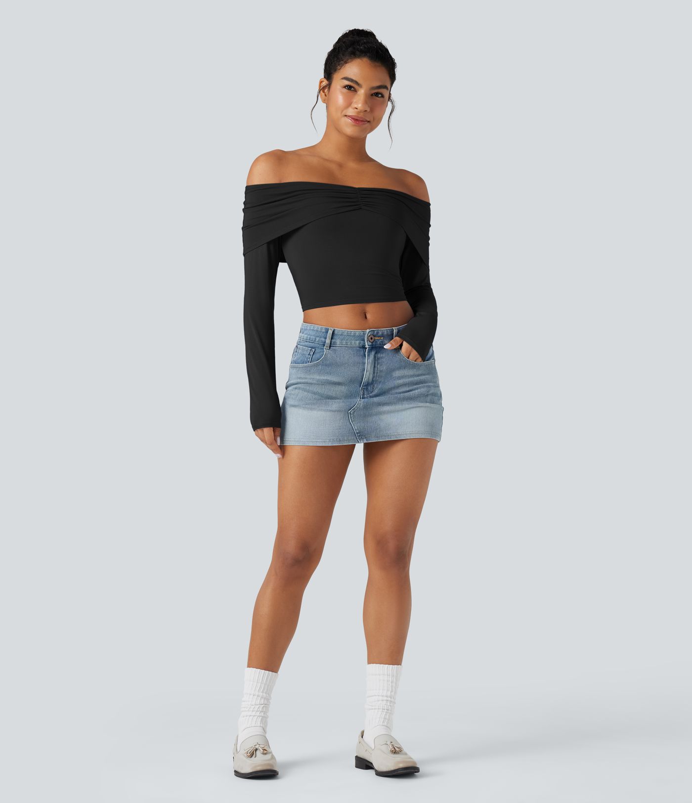 Top à épaule dénudée, manches longues, coupe ultra-ajustée, style décontracté