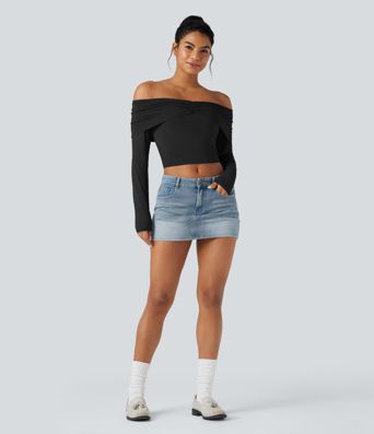 Top à épaule dénudée, manches longues, coupe ultra-ajustée, style décontracté