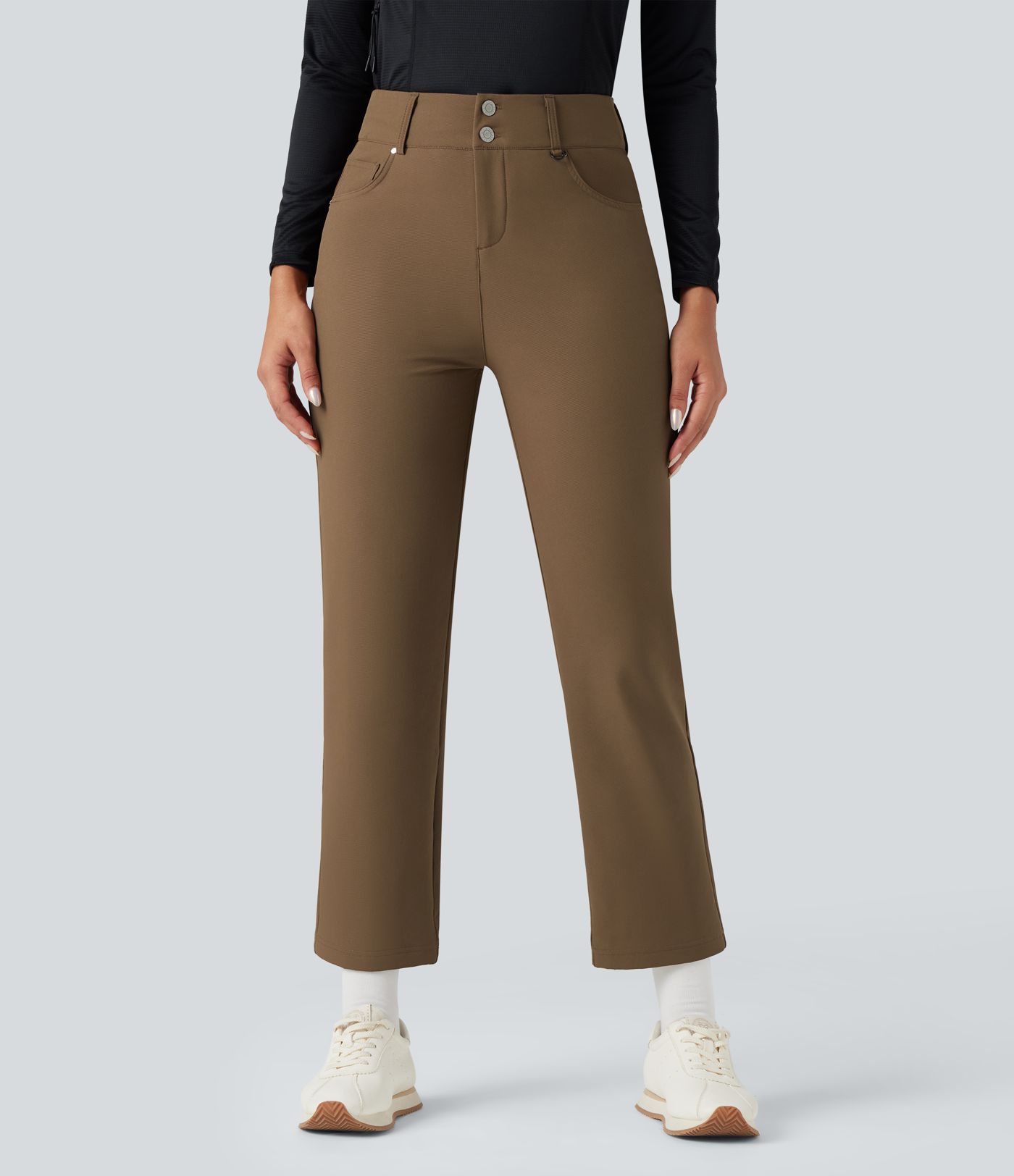 Durable Water Repellent Thermal High-waisted Hiking 7/8 Straight-leg Pants with Pockets