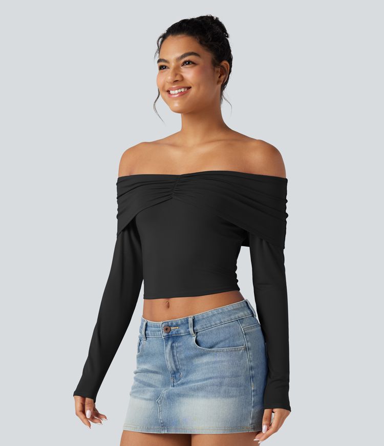 Top à épaule dénudée, manches longues, coupe ultra-ajustée, style décontracté