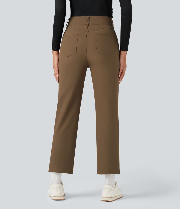 Durable Water Repellent Thermal High-waisted Hiking 7/8 Straight-leg Pants with Pockets