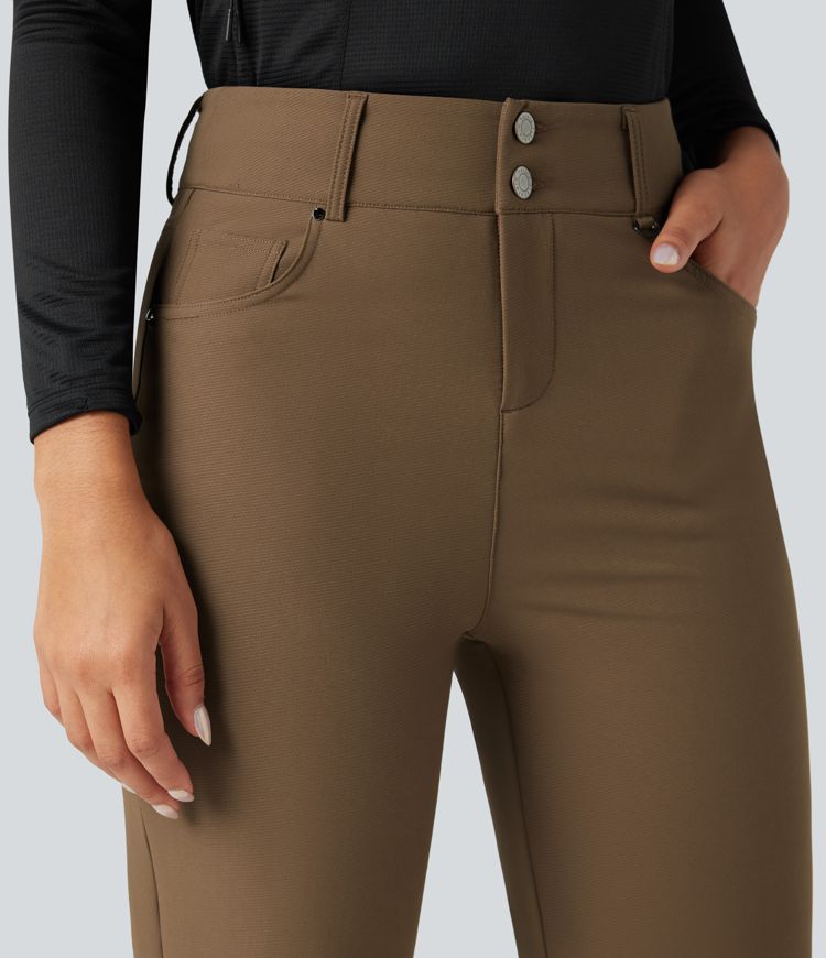 Durable Water Repellent Thermal High-waisted Hiking 7/8 Straight-leg Pants with Pockets