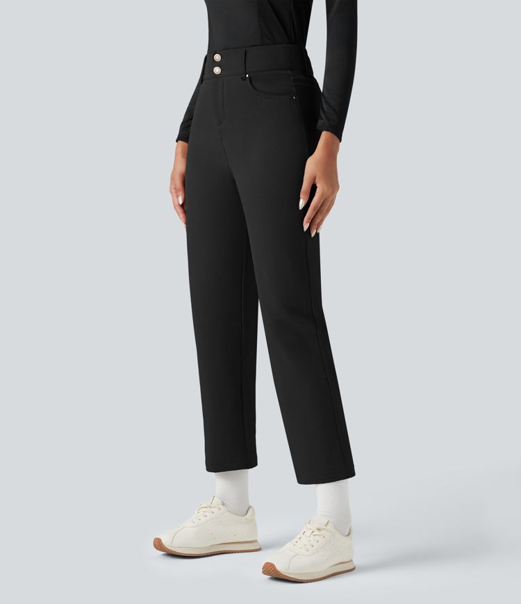 Durable Water Repellent Thermal High-waisted Hiking 7/8 Straight-leg Pants with Pockets
