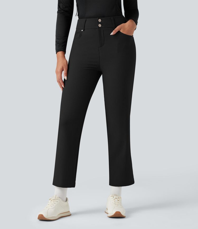 Durable Water Repellent Thermal High-waisted Hiking 7/8 Straight-leg Pants with Pockets