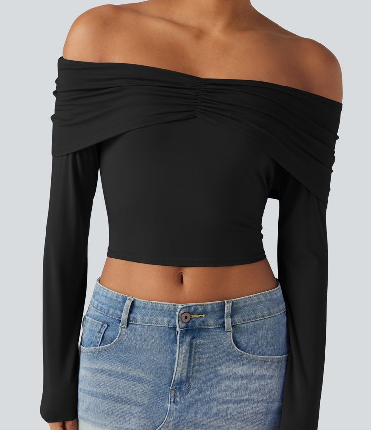 Top à épaule dénudée, manches longues, coupe ultra-ajustée, style décontracté