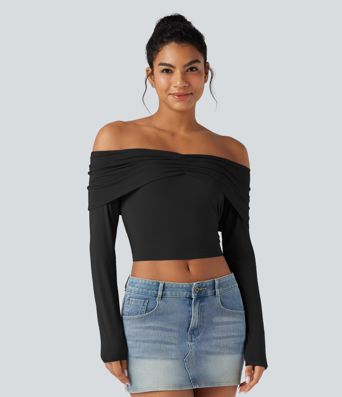 Top à épaule dénudée, manches longues, coupe ultra-ajustée, style décontracté