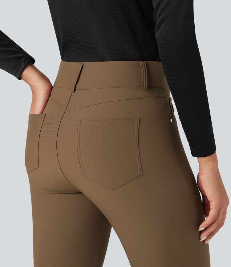 Durable Water Repellent Thermal High-waisted Hiking 7/8 Straight-leg Pants with Pockets
