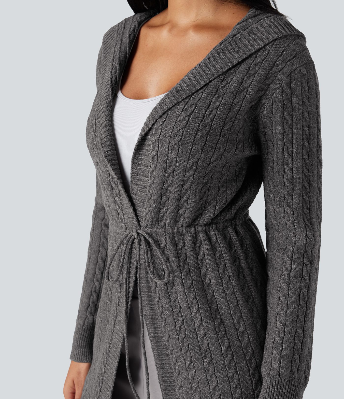 Cardigan lungo casual con cappuccio, maniche lunghe e coulisse