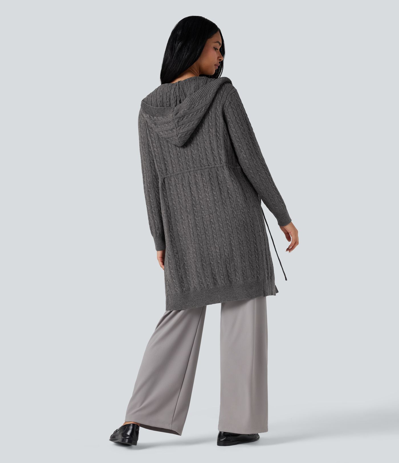 Cardigan lungo casual con cappuccio, maniche lunghe e coulisse