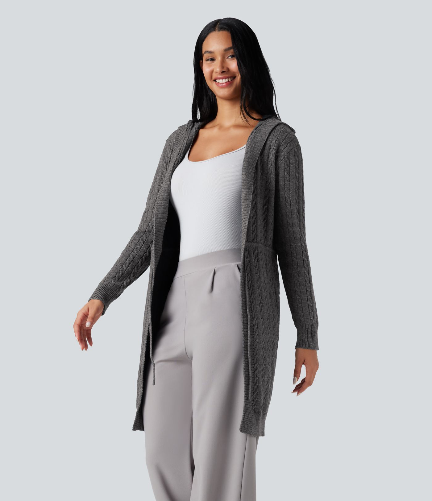 Cardigan lungo casual con cappuccio, maniche lunghe e coulisse