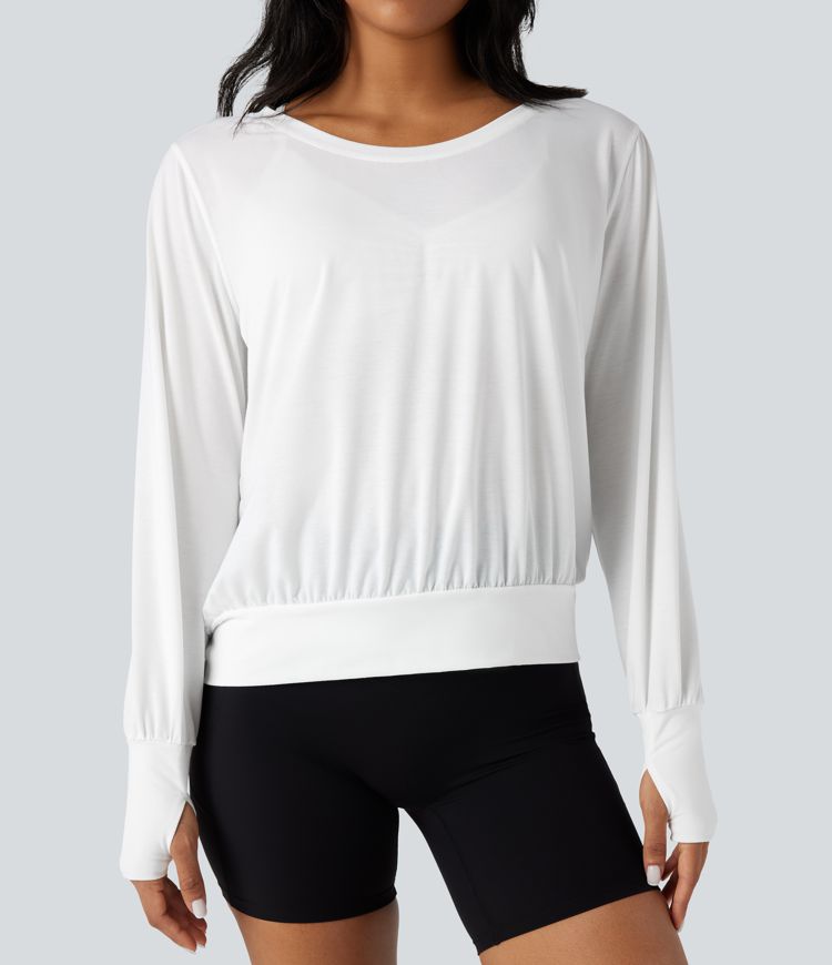 Scoop Neck Long Sleeve Thumb Holes Yoga Sports Top