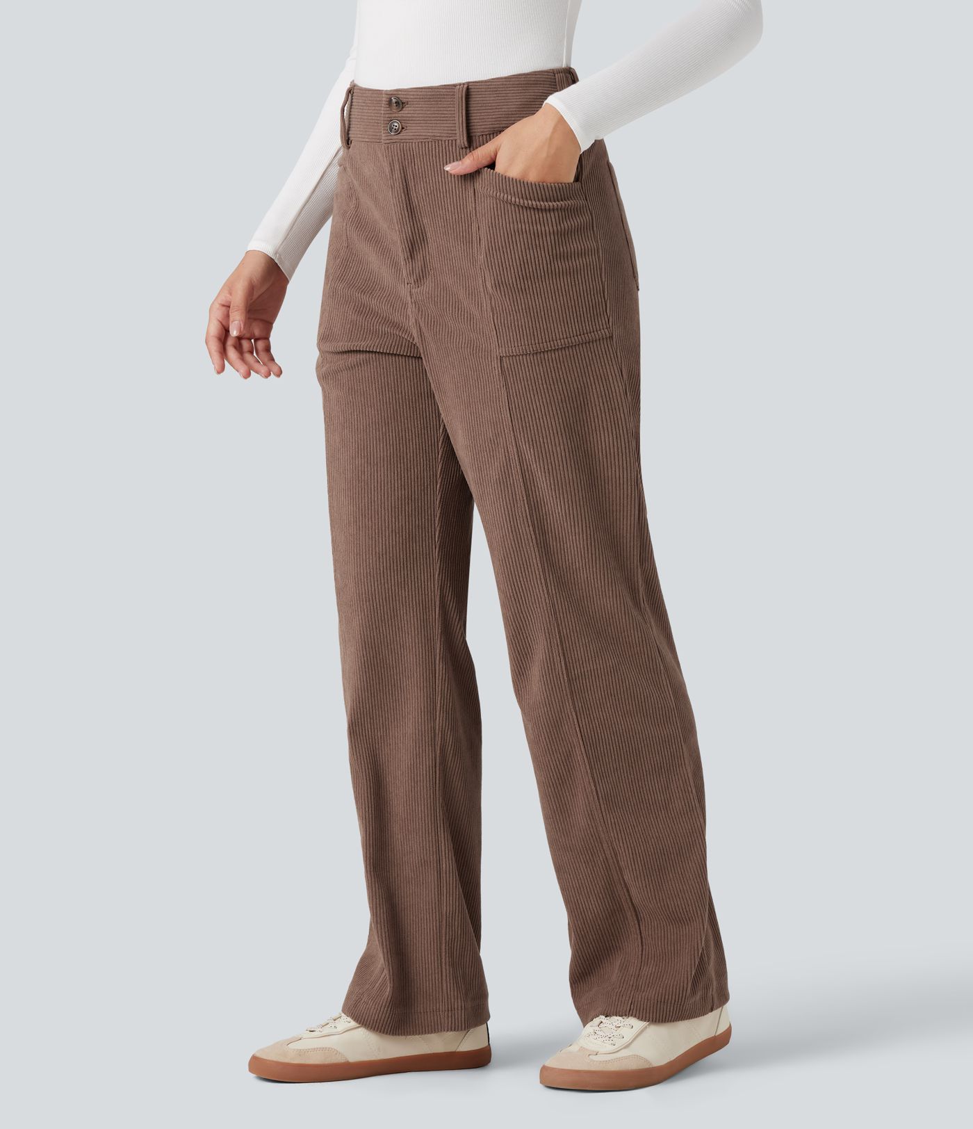 High Waisted Corduroy Casual Straight Leg Pants with Pockets