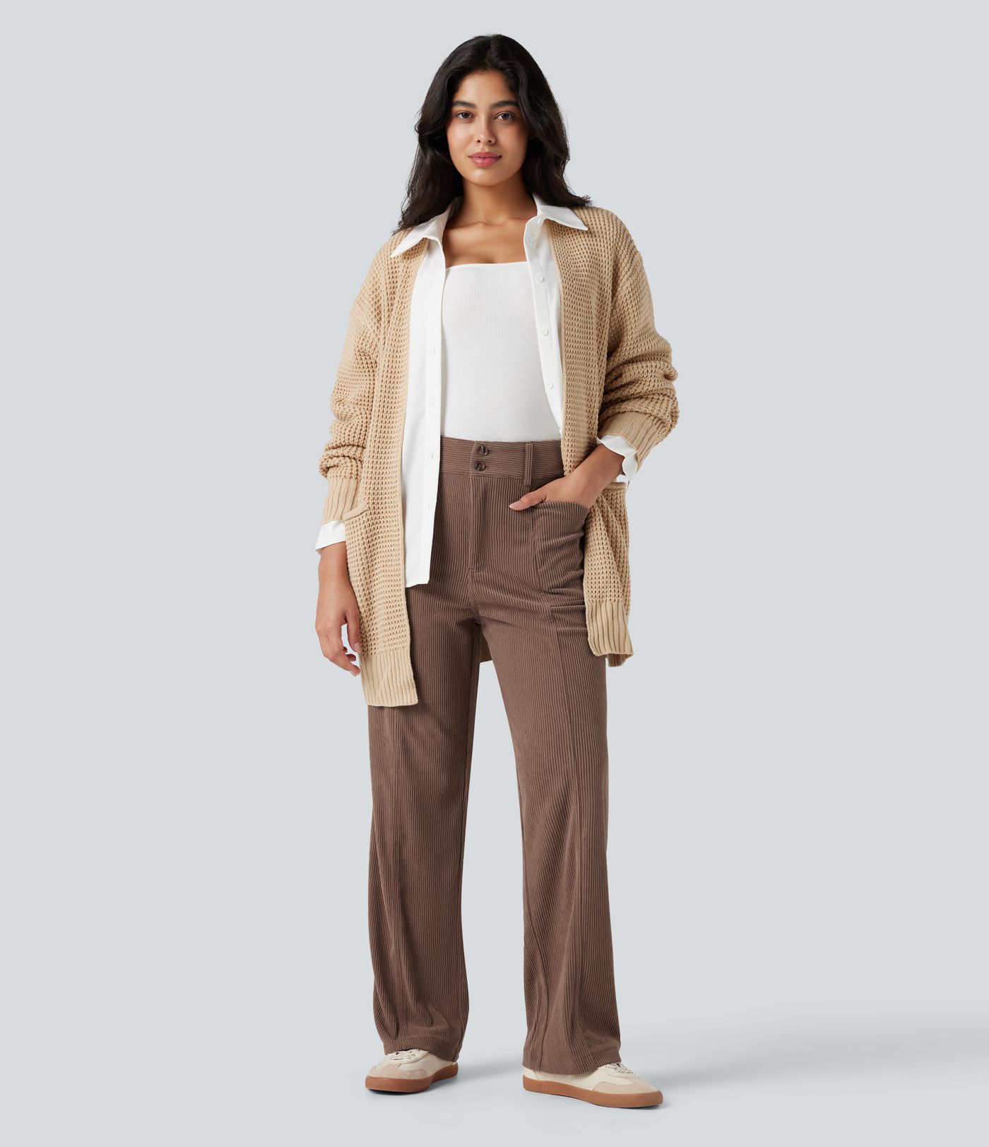 High Waisted Corduroy Casual Straight Leg Pants with Pockets