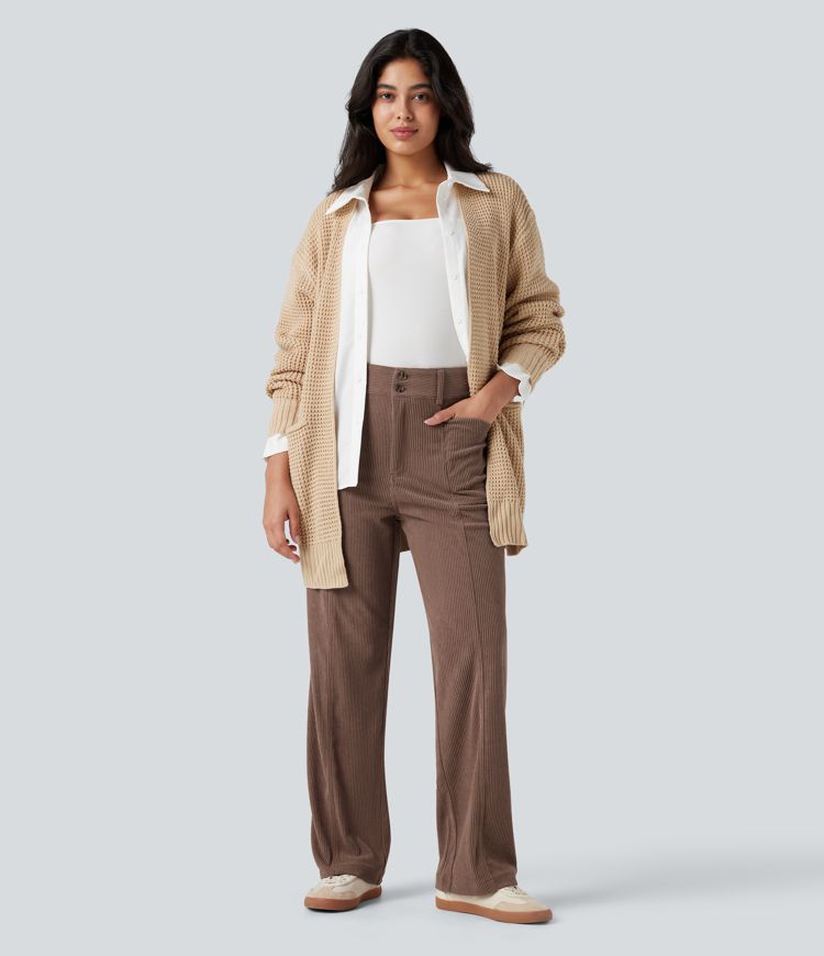 High Waisted Corduroy Casual Straight Leg Pants with Pockets
