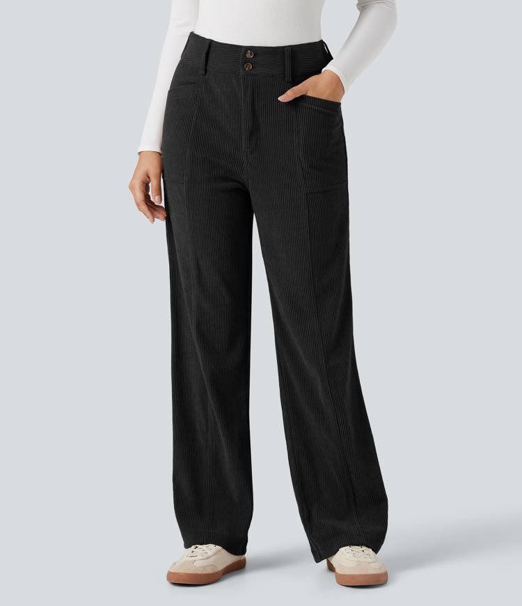 High Waisted Corduroy Casual Straight Leg Pants with Pockets