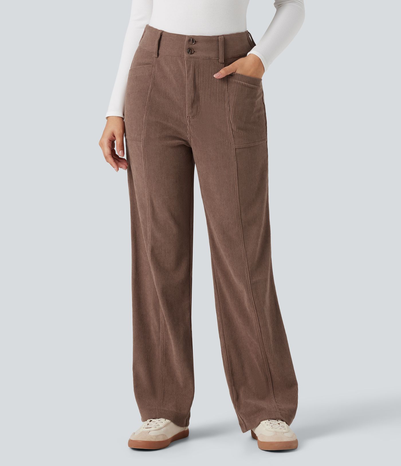 High Waisted Corduroy Casual Straight Leg Pants with Pockets