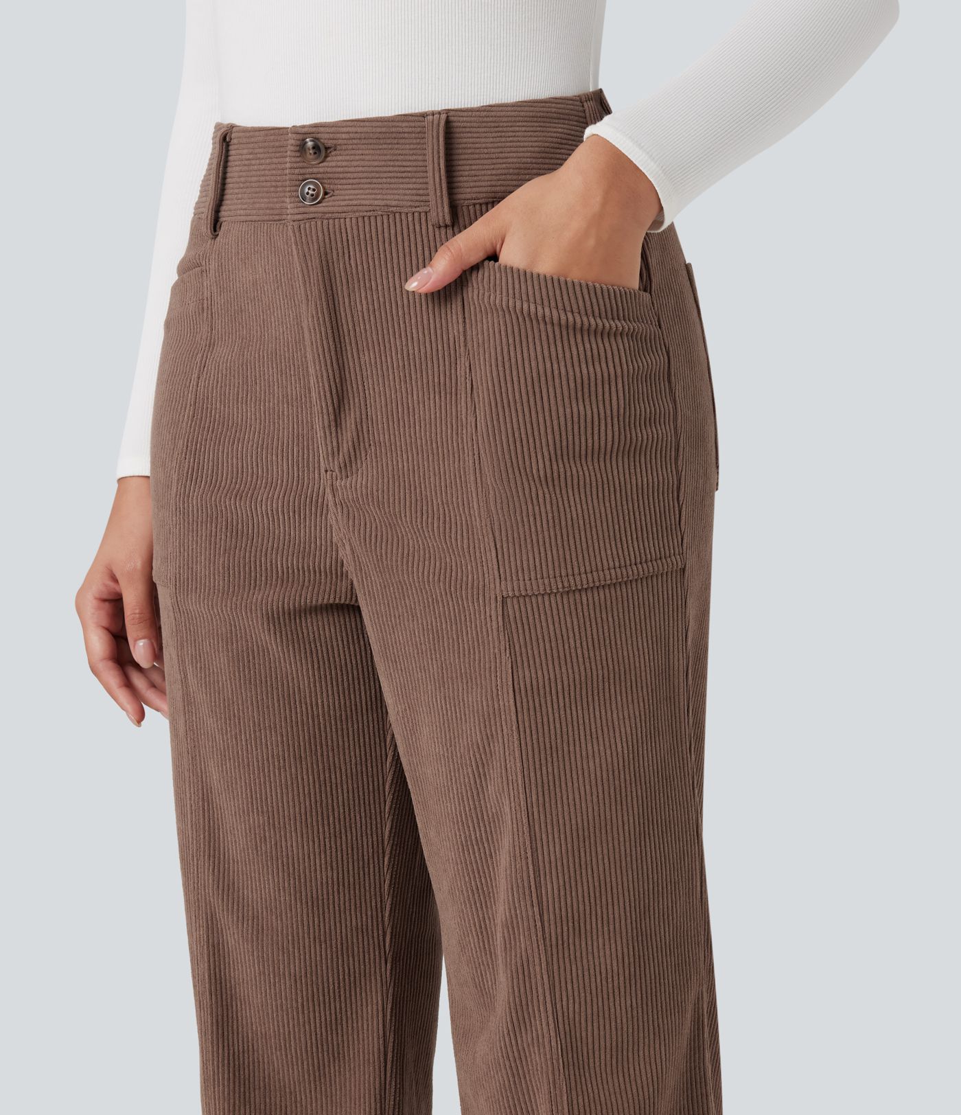High Waisted Corduroy Casual Straight Leg Pants with Pockets