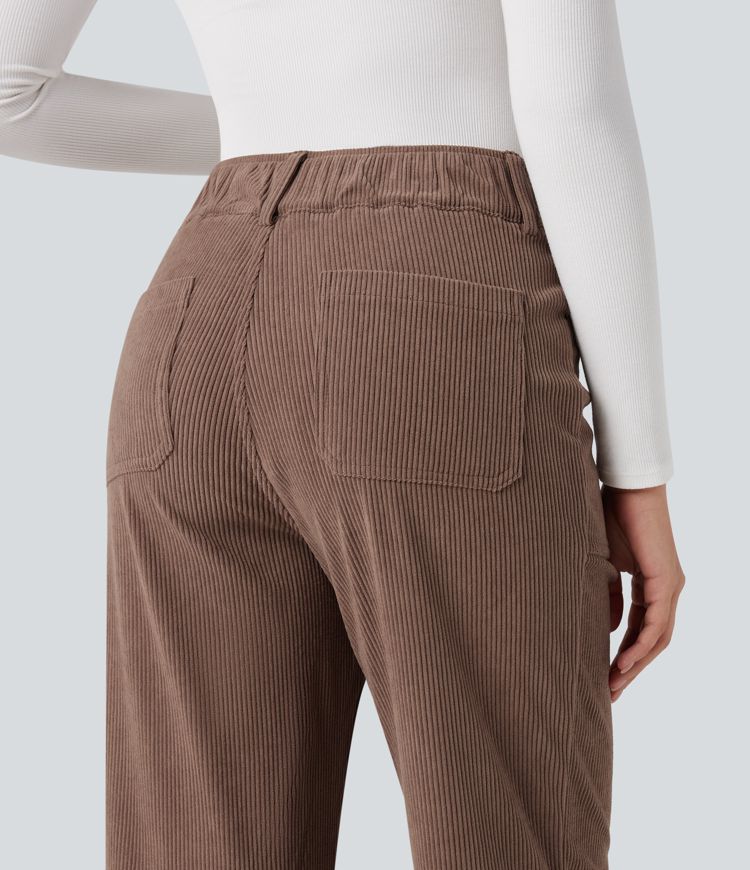 High Waisted Corduroy Casual Straight Leg Pants with Pockets