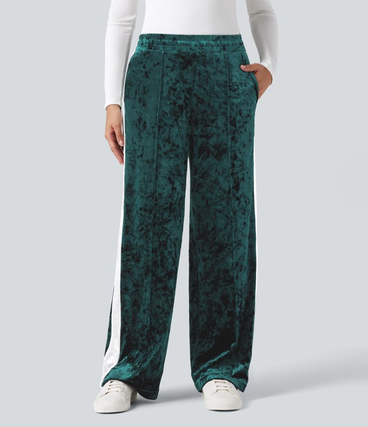 Mid Rise Drawstring Color Block Velvet Casual Straight Leg Pants with Pockets
