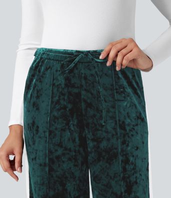 Pantalon droit décontracté en velours, taille mi-haute, cordon de serrage, empiècements colorés et poches