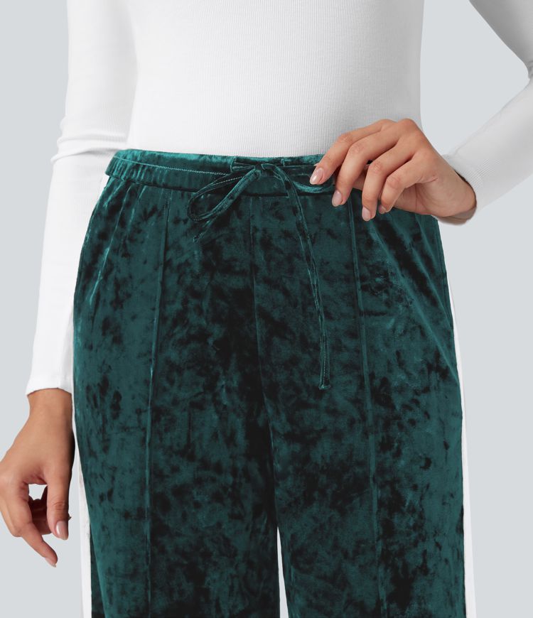 Pantalon droit décontracté en velours, taille mi-haute, cordon de serrage, empiècements colorés et poches