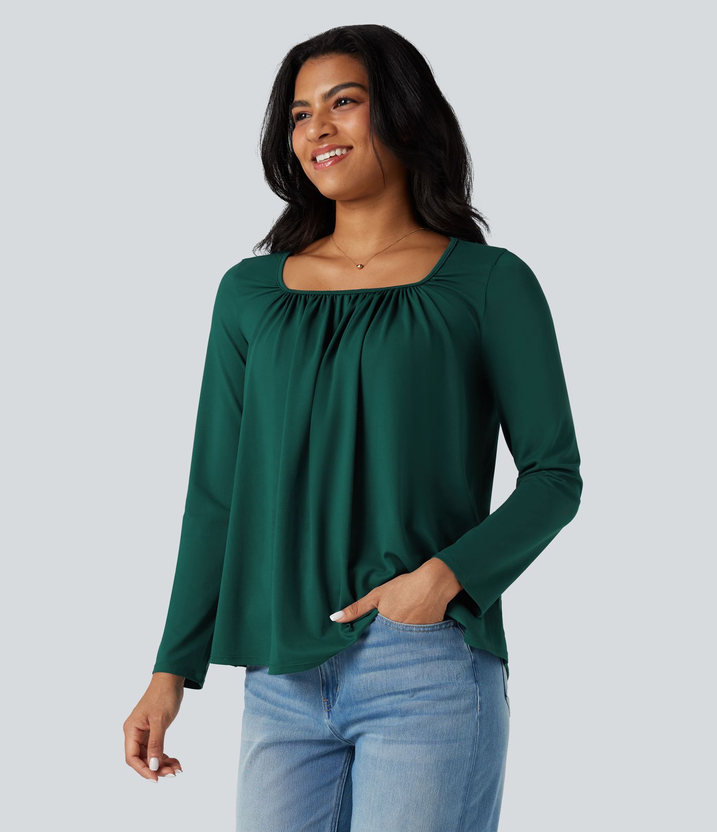 Square Neck Long Sleeve Casual T-Shirt