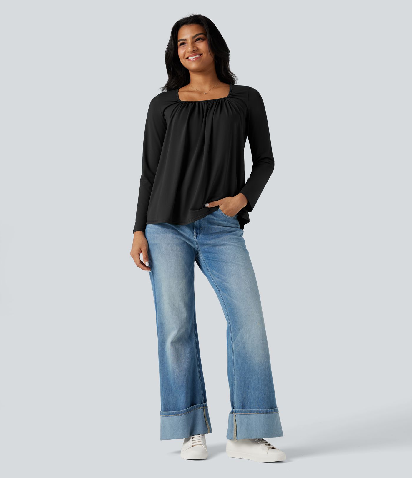 Square Neck Long Sleeve Casual T-Shirt