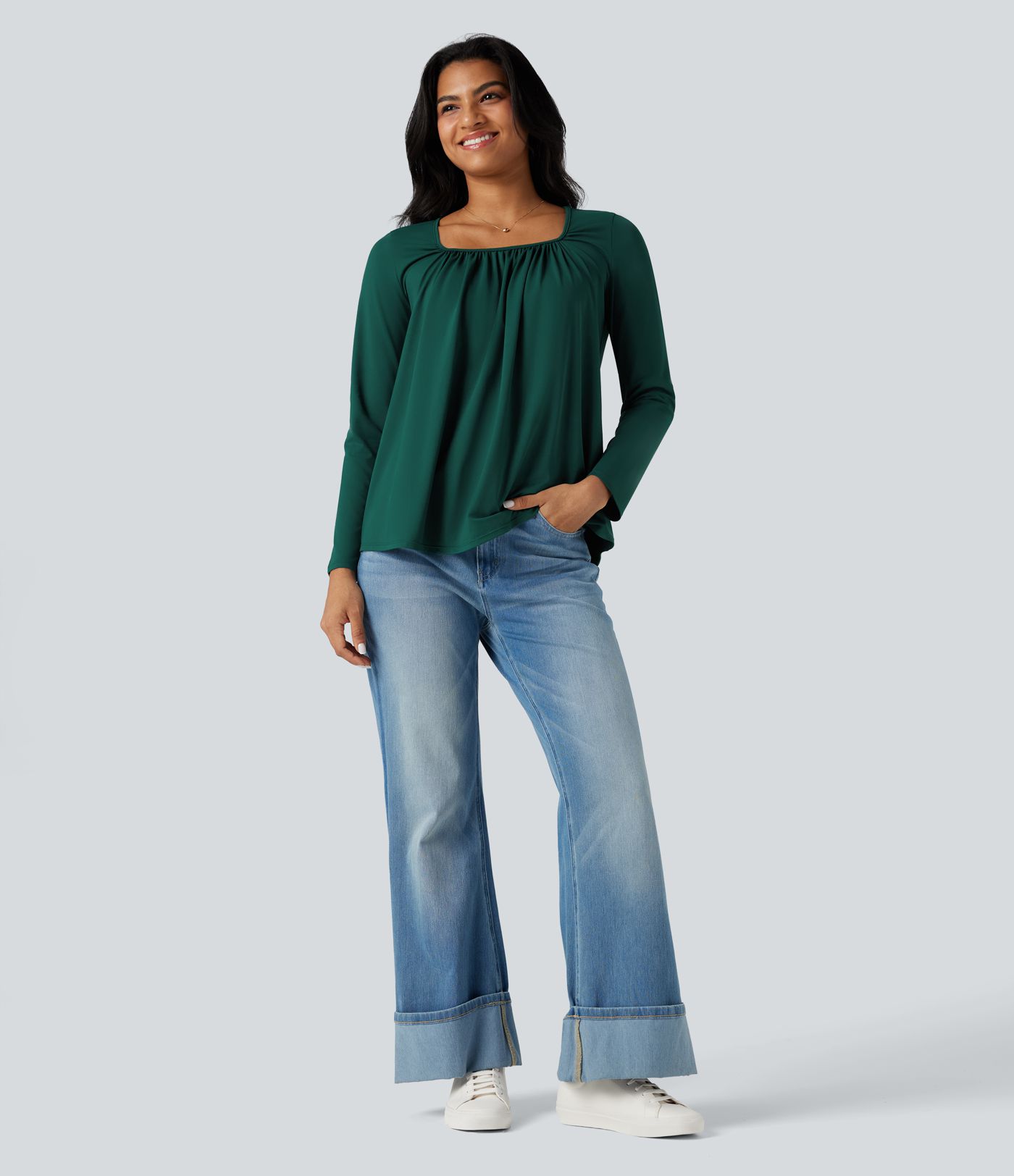 Square Neck Long Sleeve Casual T-Shirt