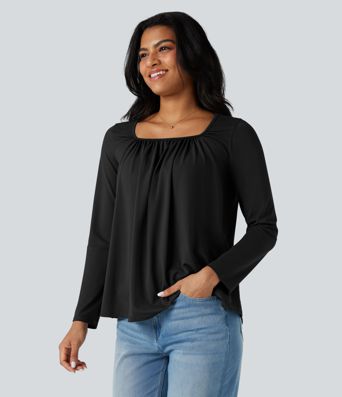 Square Neck Long Sleeve Casual T-Shirt