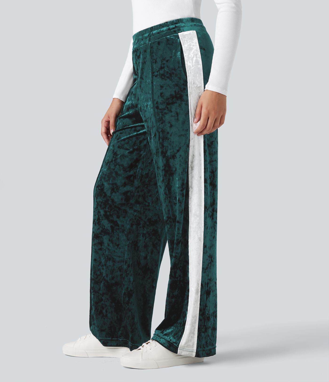 Pantalon droit décontracté en velours, taille mi-haute, cordon de serrage, empiècements colorés et poches