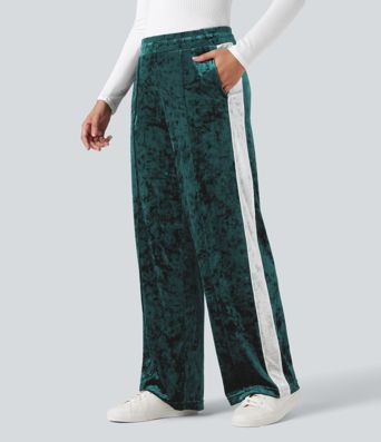 Pantalon droit décontracté en velours, taille mi-haute, cordon de serrage, empiècements colorés et poches